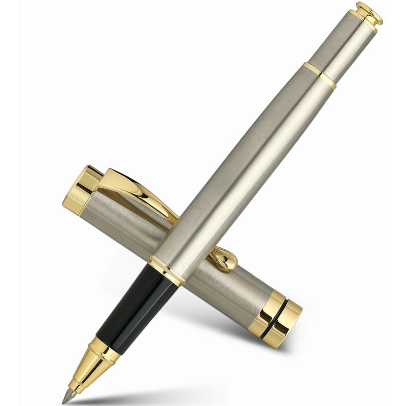 BEILUNER Ballpoint Pens, Stunning Silver Chrome Metal Pen with Golden Trim, Best Ball Pen Gift Set for Men & Women, Professional, Executive, Office, Nice Pens-Gift Box with 0.5mm Extra Black Refill - Image 1